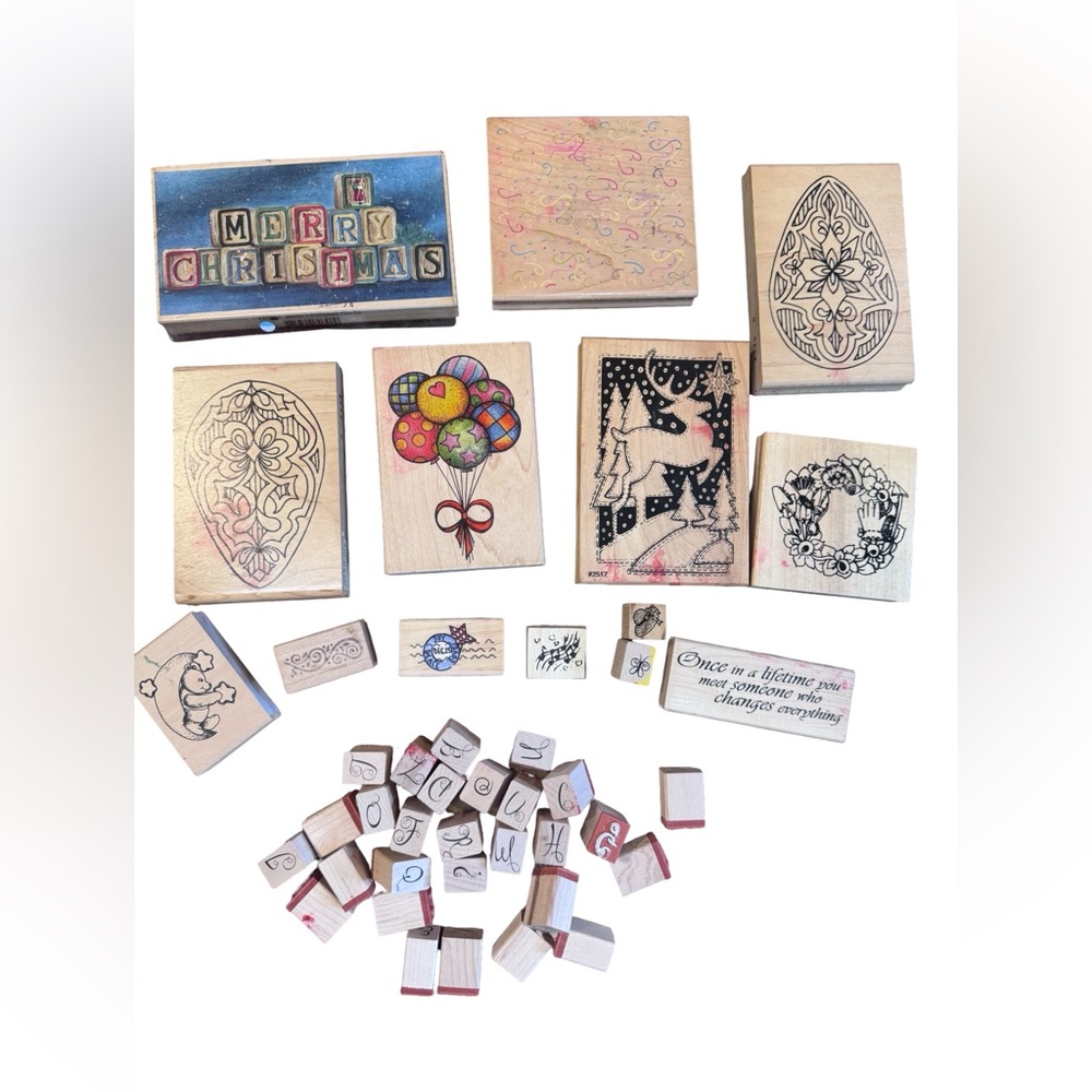 Vintage Wood Rubber Stamp Lot Alphabet Christmas Craft Scrapbooking Mixed